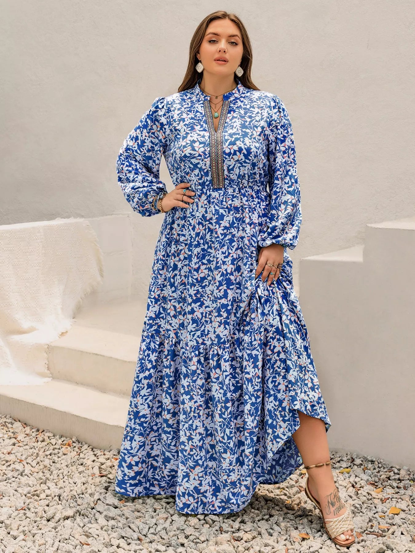 Plus Size Floral Print Bohemian Maxi Dress  DAME BOHEME