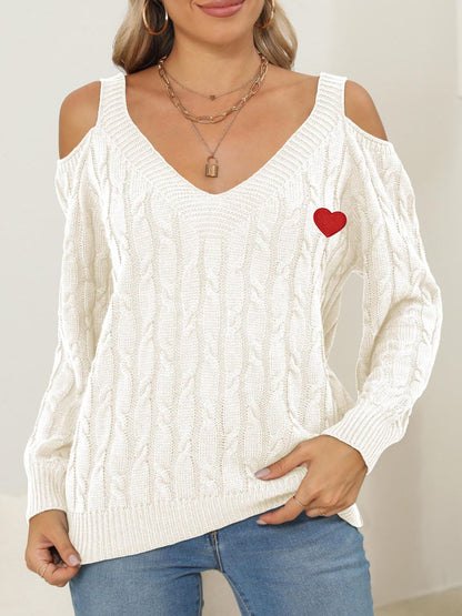 Cable-Knit Heart V-Neck Sweater  DAME BOHEME
