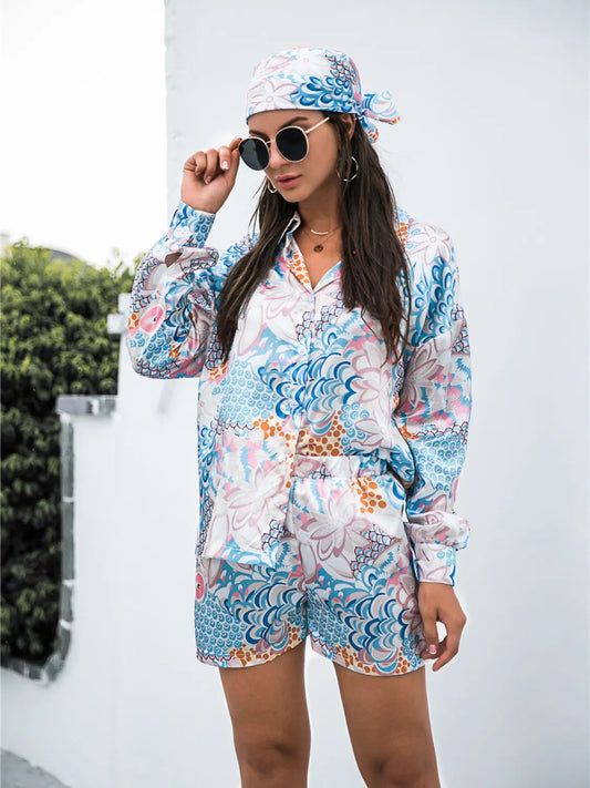Printed Button Up Long Sleeve Shirt and Shorts 3 Pc Set Trendsi