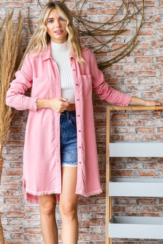 Veveret Knee Length Button-Up Pink Tencel Shirt Dress Trendsi