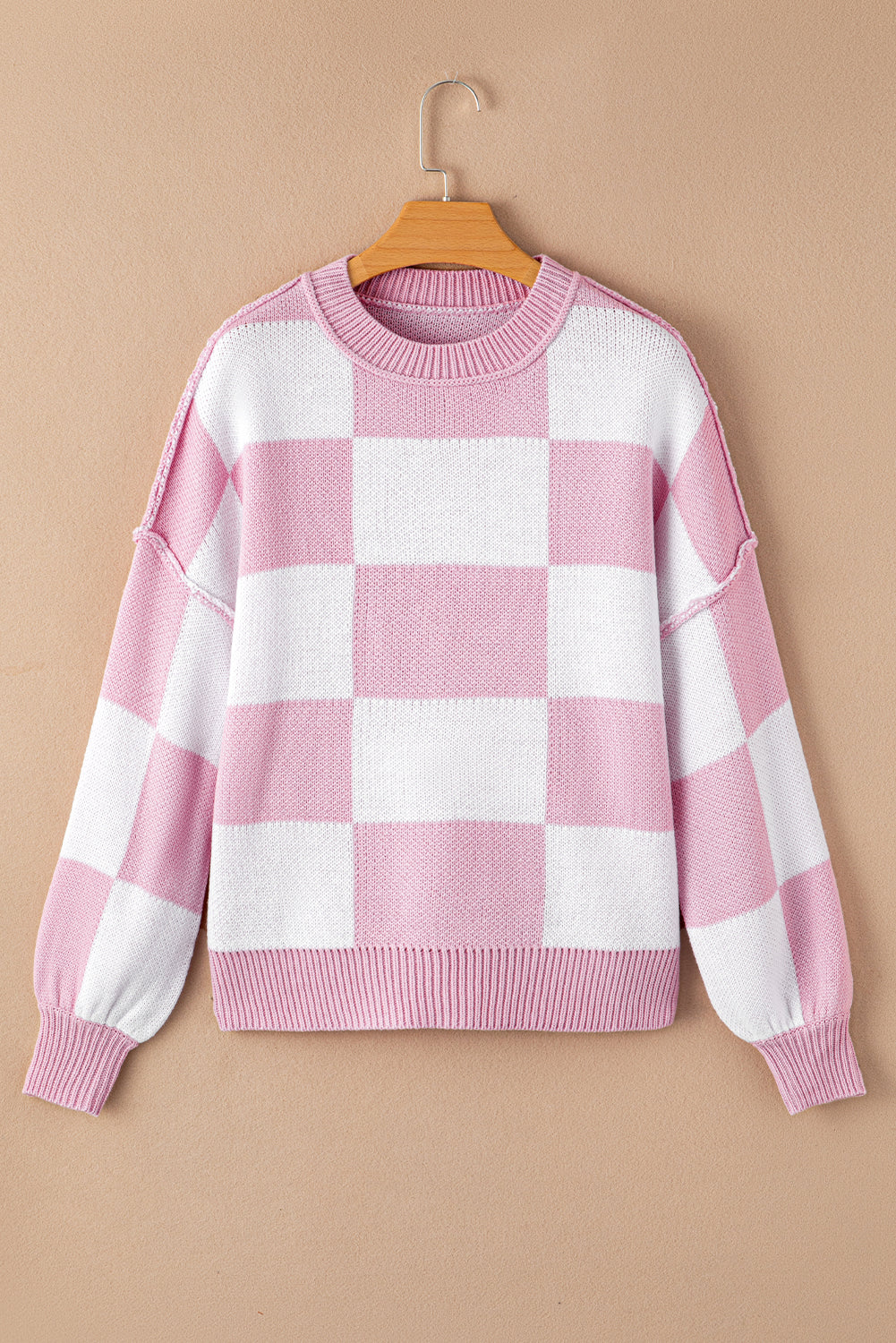Pink Checkered Bishop Sleeve Sweater  DAME BOHEME