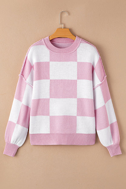 Pink Checkered Bishop Sleeve Sweater  DAME BOHEME