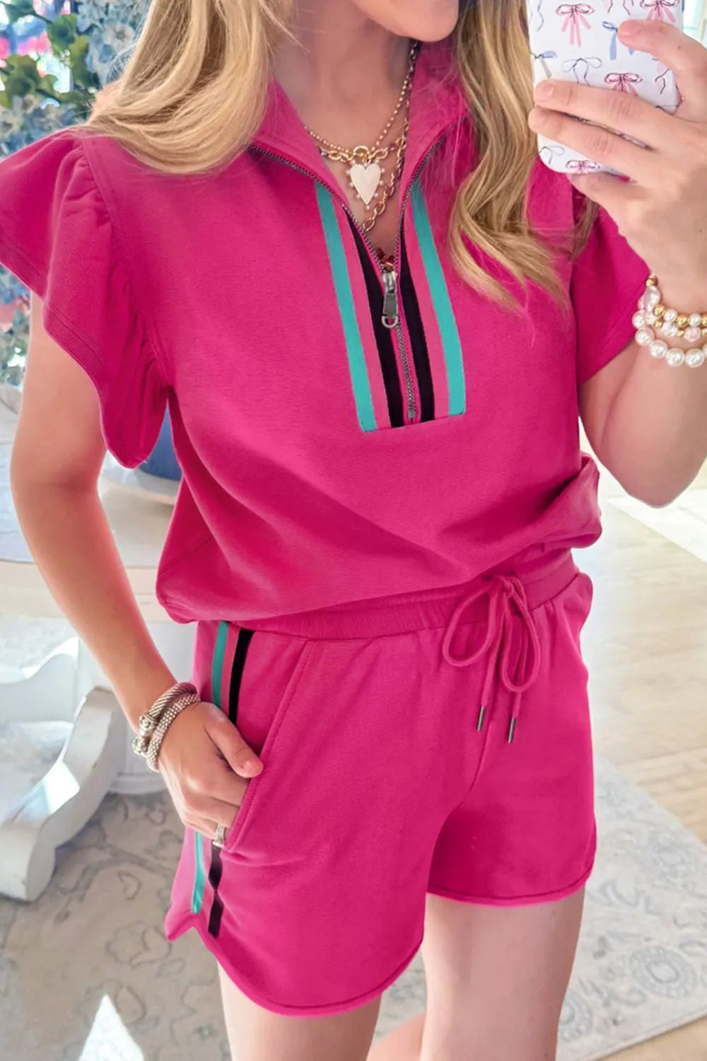 Striped Detail Flutter Sleeve Zipped Collar Top and Short Set  DAME BOHEME