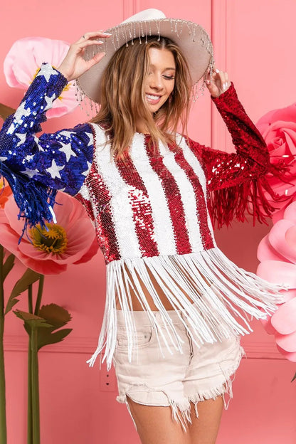 BiBi American Flag Theme Fringe Detailed Sequins Crop Top Trendsi