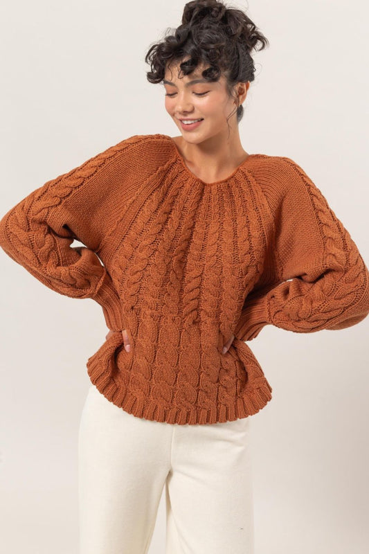 HYFVE Cable-Knit Round Neck Raglan Sleeve Sweater Trendsi