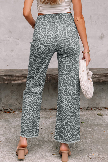 Gray Leopard Frayed Edge Wide Leg High Waist Jeans  DAME BOHEME