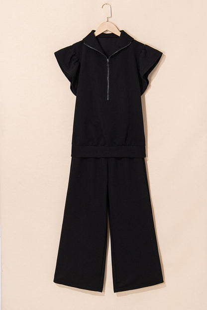 Kallie Ruffled Sleeve Zipped Top and Wide Leg Pants Set  DAME BOHEME