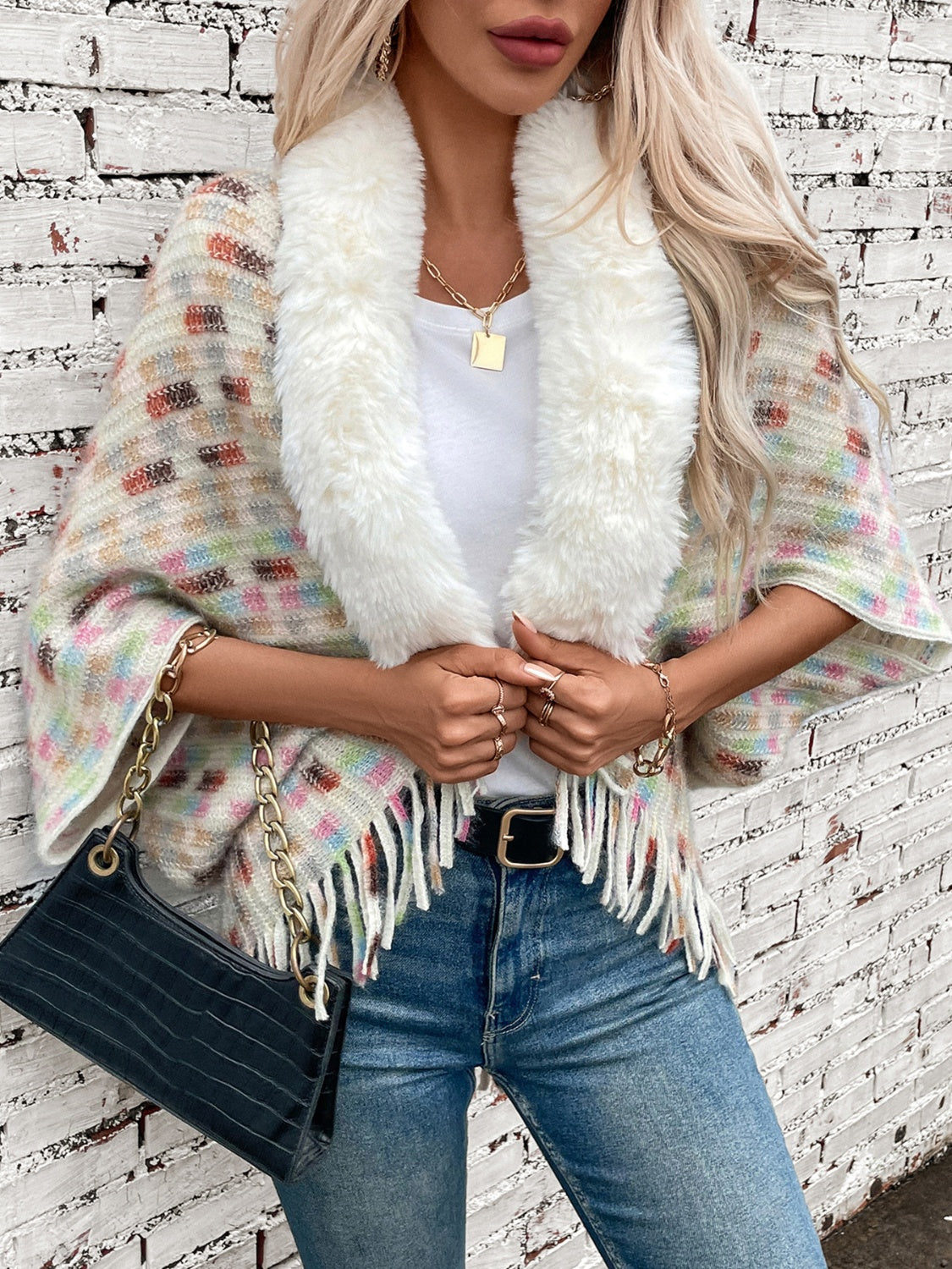 Fringe Trim Fuzzy Collar Open Front Poncho