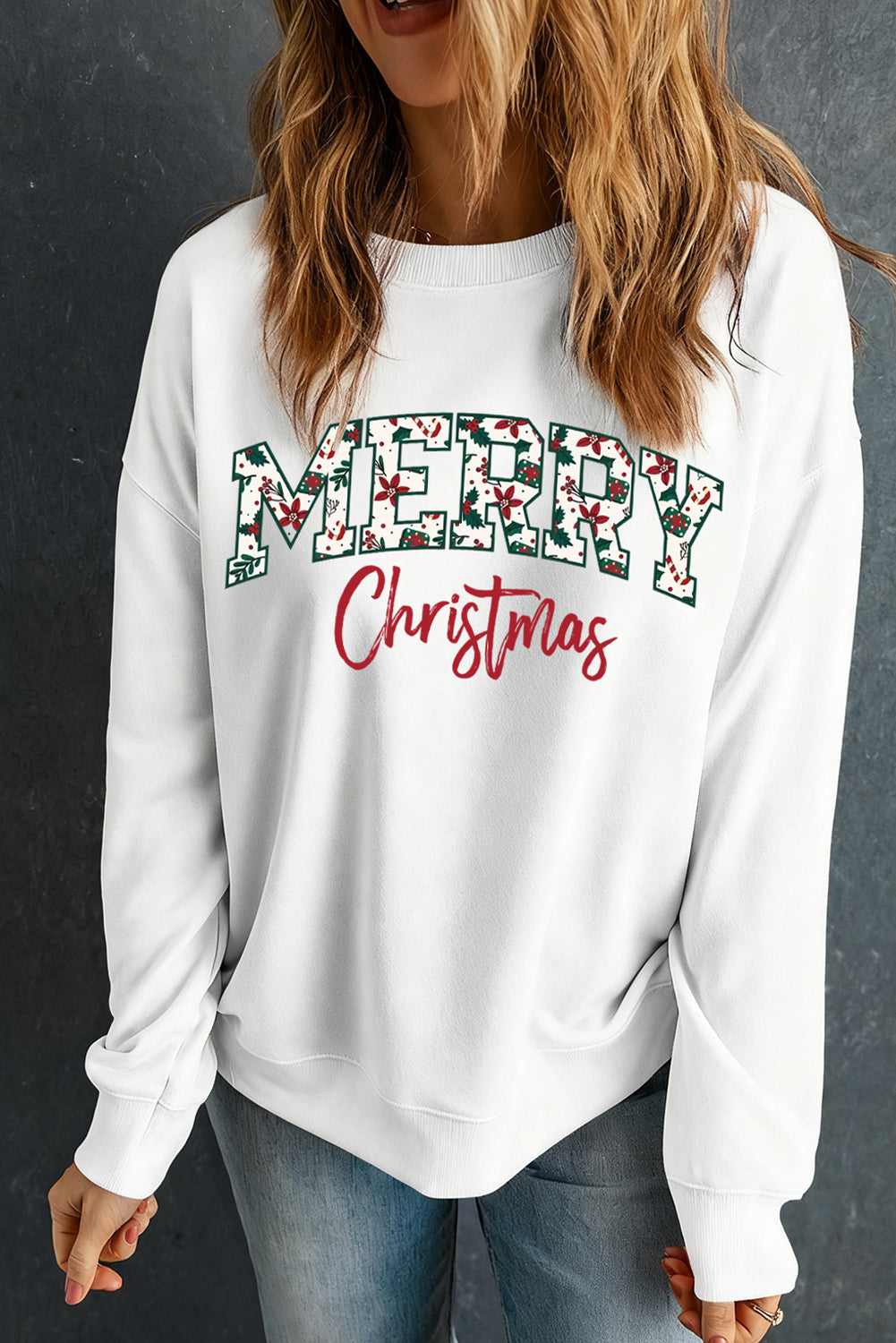 White Merry Christmas Graphic Heat Transfer Printing Cotton Blend Sweatshirt  DAME BOHEME