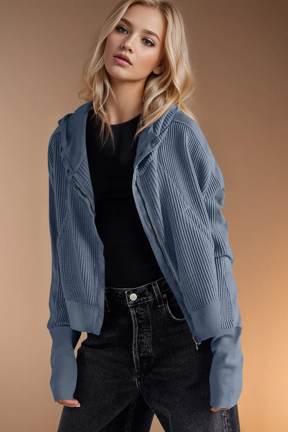 Double Take Waffle-Knit Zip Up Long Sleeve Hooded Jacket  DAME BOHEME