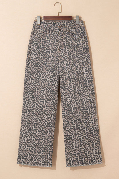 Gray Leopard Frayed Edge Wide Leg High Waist Jeans  DAME BOHEME