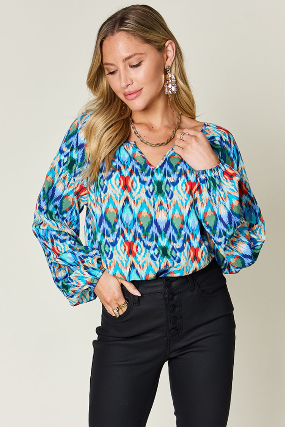 Double Take Full Size Printed Balloon Sleeve Blouse  DAME BOHEME