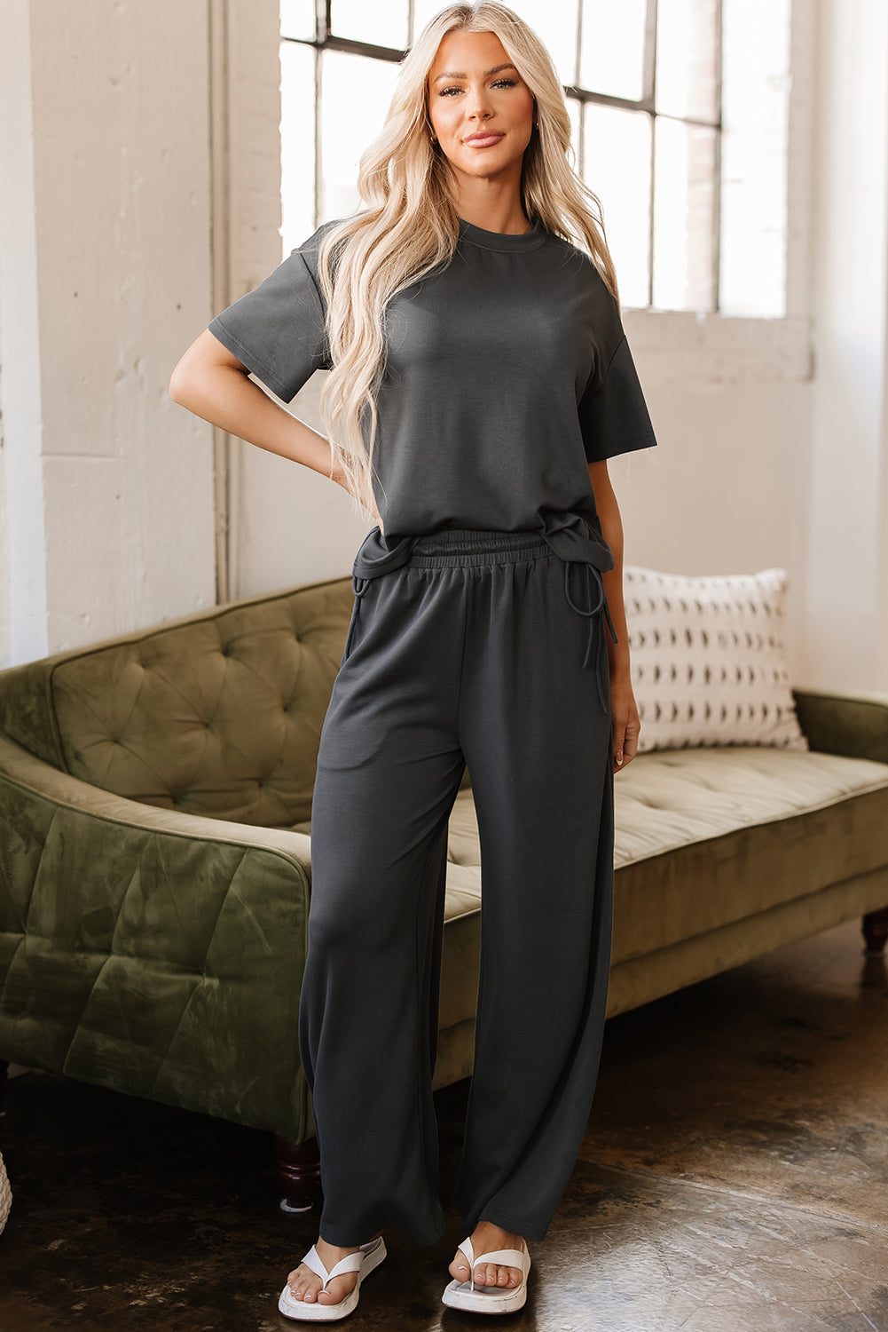 Dallas Drawstring Side Crewneck Tee and Loose Pants Set  DAME BOHEME