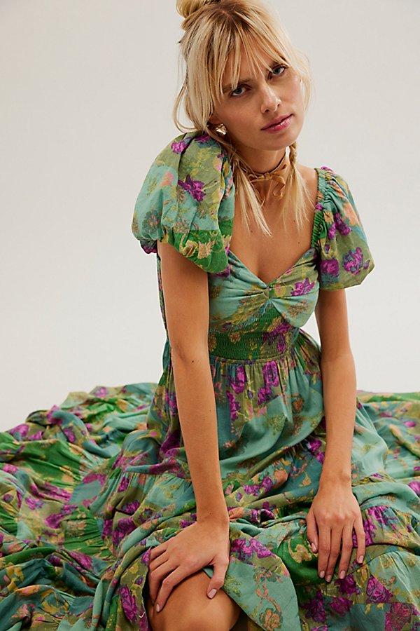 Printed Sweetheart Neck Puff Sleeve Maxi Dress Trendsi