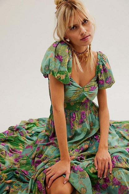 Printed Sweetheart Neck Puff Sleeve Maxi Dress Trendsi