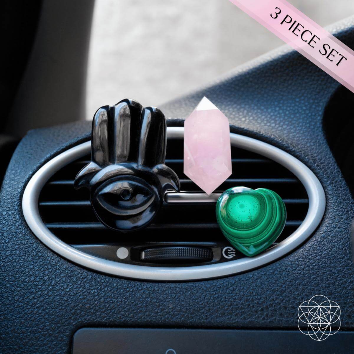 Hamsa Hand of Safe Travels: Aromatherapy Crystal 3 Piece Set Car Kit  DAME BOHEME