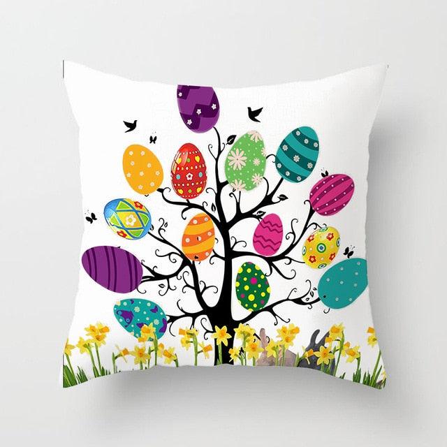 Happy Easter Pillowcase Easter Decorations For Home Party Rabbit Eggs Spring Easter Decor Linen Throw Pillow Cover Case Farmhouse Eggs Tree Rabbit Holiday Cushion Cover Polyester Pillow Cover  DAME BOHEME