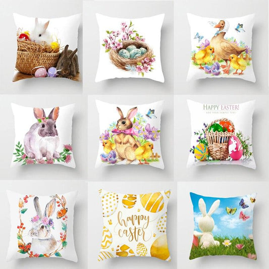 Happy Easter Pillowcase Easter Decorations For Home Party Rabbit Eggs Spring Easter Decor Linen Throw Pillow Cover Case Farmhouse Eggs Tree Rabbit Holiday Cushion Cover Polyester Pillow Cover  DAME BOHEME