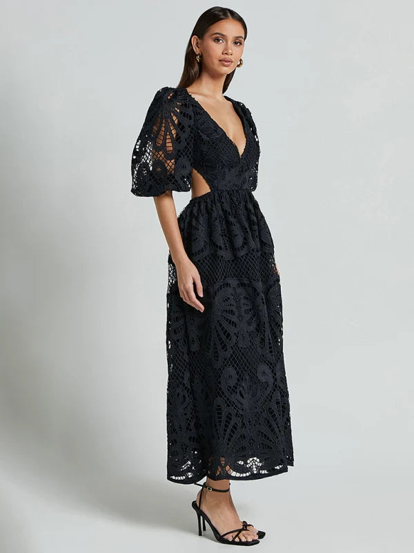 Cutout Back Lace Crochet V-Neck Dress Trendsi