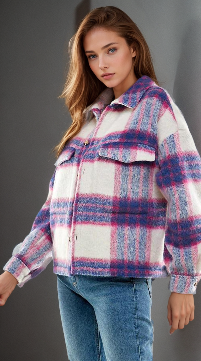 Soulful Serenity Denim Blue and Pink Brushed Plaid Shacket.  DAME BOHEME