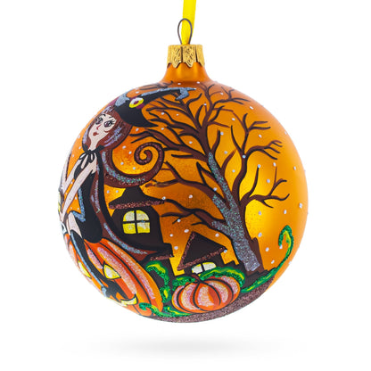 Enchanting Witch Riding Pumpkin Glass Ball Halloween Ornament 4 Inches  DAME BOHEME