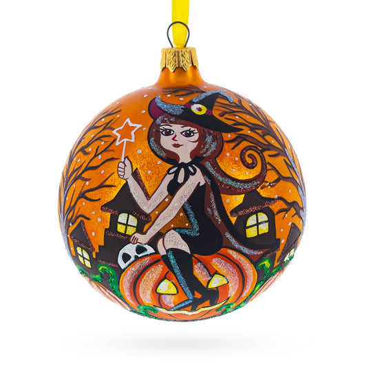 Enchanting Witch Riding Pumpkin Glass Ball Halloween Ornament 4 Inches  DAME BOHEME