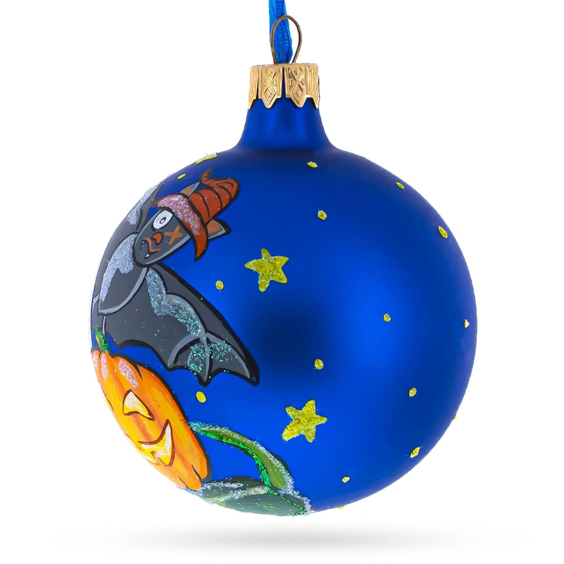 Ghost and Bat Blown Glass Ball Halloween Ornament 3.25 Inches  DAME BOHEME