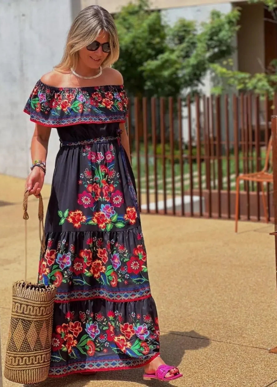 Floral Off Shoulder Ruffle Maxi Dress Trendsi