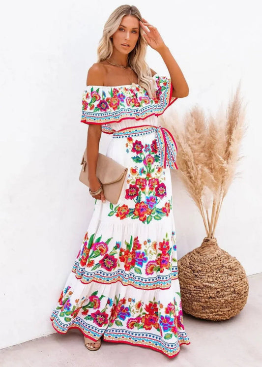 Floral Off Shoulder Ruffle Maxi Dress Trendsi