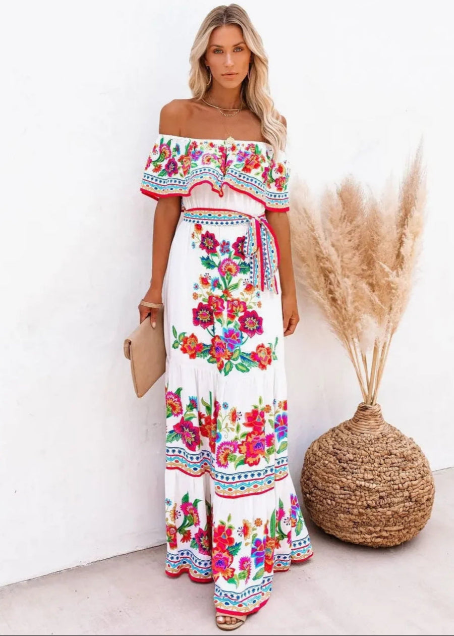 Floral Off Shoulder Ruffle Maxi Dress Trendsi