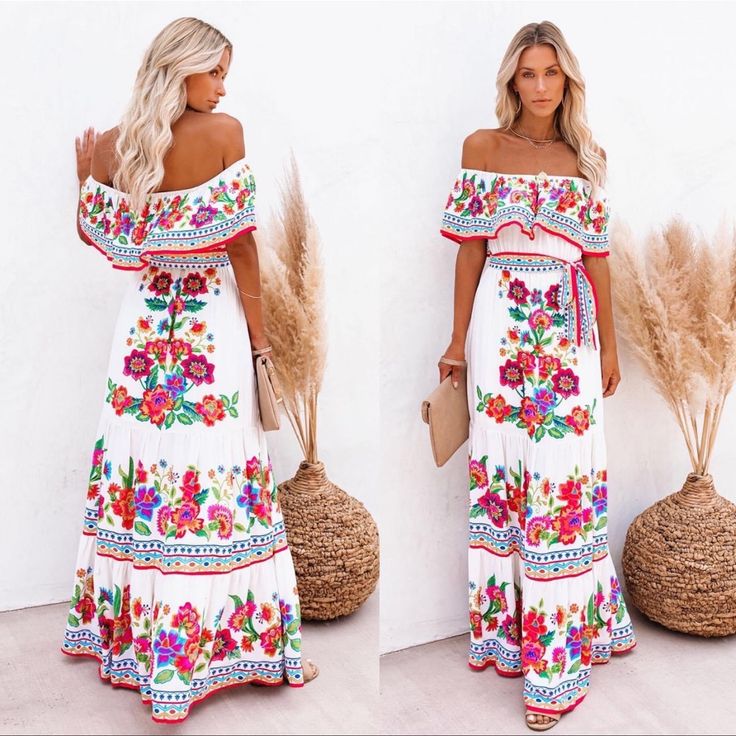 Floral Off Shoulder Ruffle Maxi Dress Trendsi