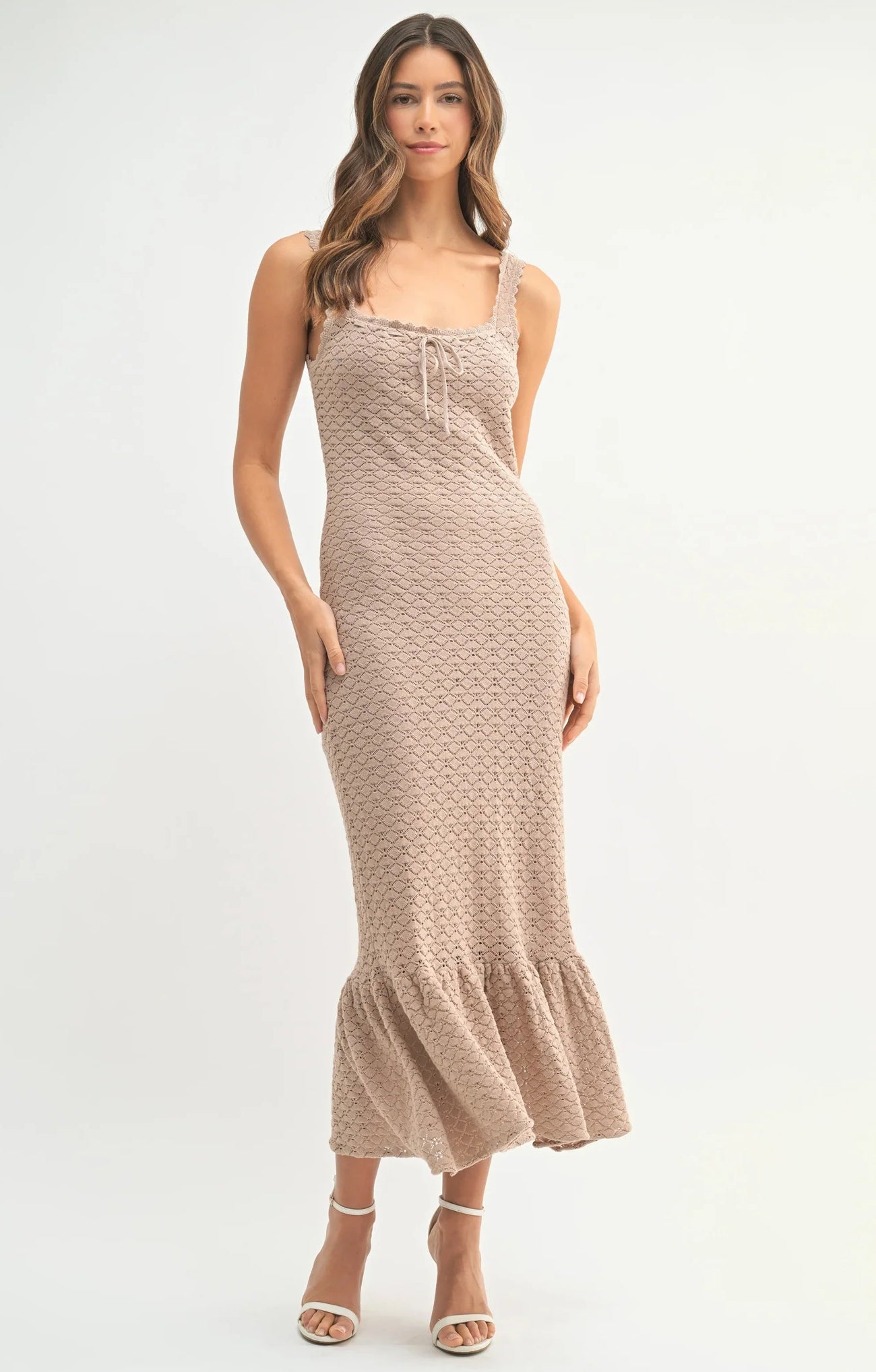 MABLE Ruffled Hem Sleeveless Crochet Knit Midi Dress Trendsi
