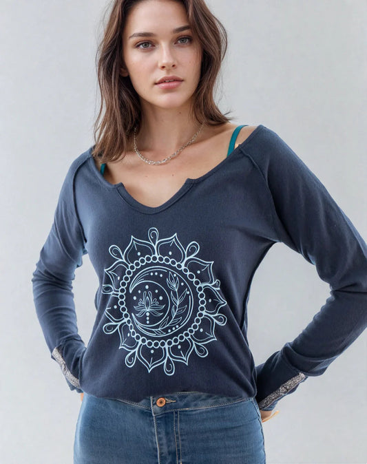 Moon Mandala Navy Cotton V-Neck  DAME BOHEME