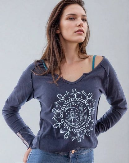 Moon Mandala Navy Cotton V-Neck  DAME BOHEME