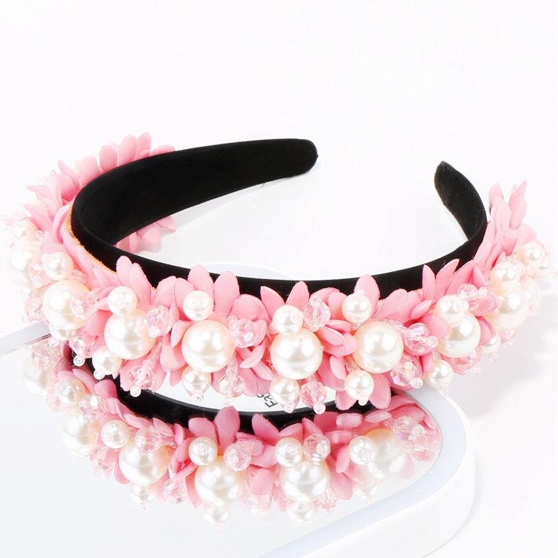 Flower Pearl Headbands Crystal Beads Embellishment Wide Hairbands Women Wedding Party Crown Tiara Gorgeous Hair Accessories For Women  DAME BOHEME