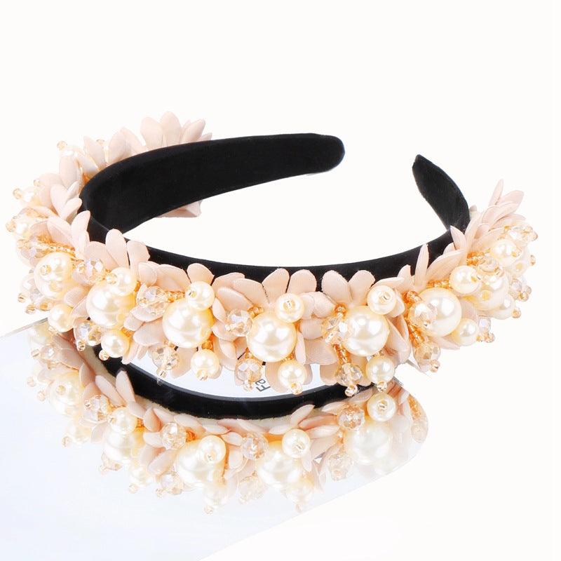 Flower Pearl Headbands Crystal Beads Embellishment Wide Hairbands Women Wedding Party Crown Tiara Gorgeous Hair Accessories For Women  DAME BOHEME