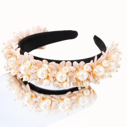 Flower Pearl Headbands Crystal Beads Embellishment Wide Hairbands Women Wedding Party Crown Tiara Gorgeous Hair Accessories For Women  DAME BOHEME