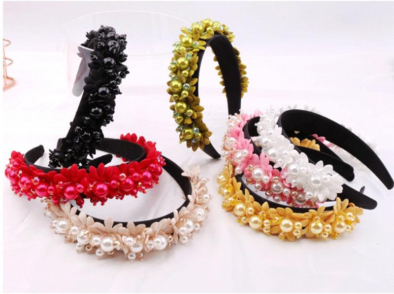 Flower Pearl Headbands Crystal Beads Embellishment Wide Hairbands Women Wedding Party Crown Tiara Gorgeous Hair Accessories For Women  DAME BOHEME