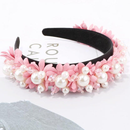 Flower Pearl Headbands Crystal Beads Embellishment Wide Hairbands Women Wedding Party Crown Tiara Gorgeous Hair Accessories For Women  DAME BOHEME