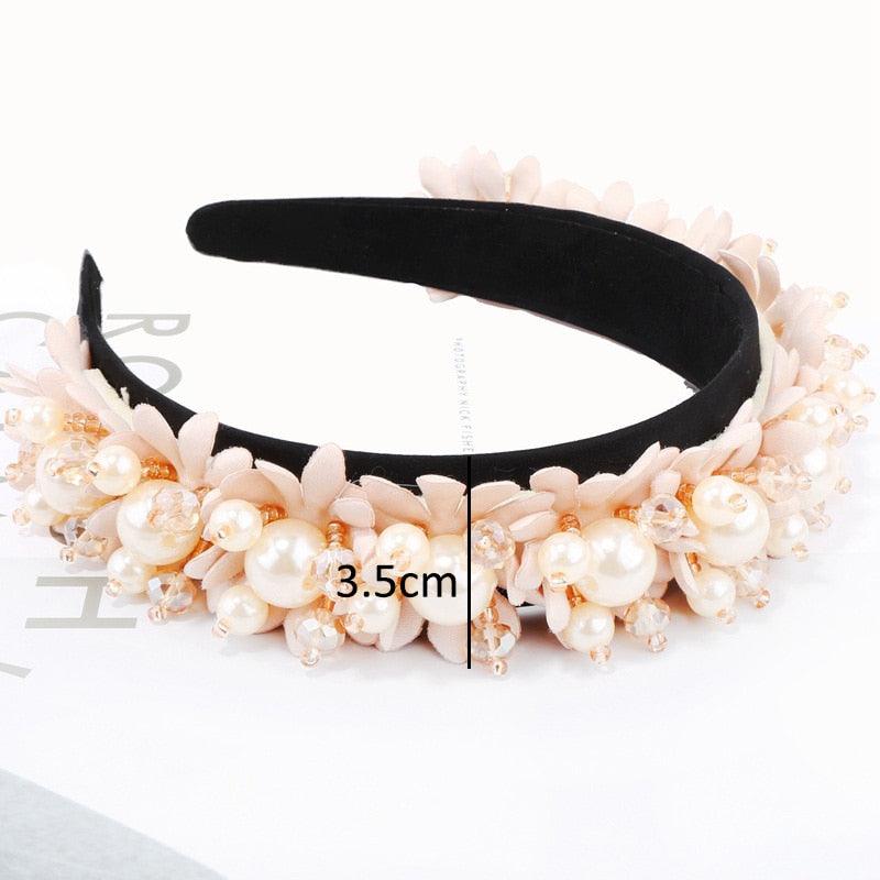 Flower Pearl Headbands Crystal Beads Embellishment Wide Hairbands Women Wedding Party Crown Tiara Gorgeous Hair Accessories For Women  DAME BOHEME