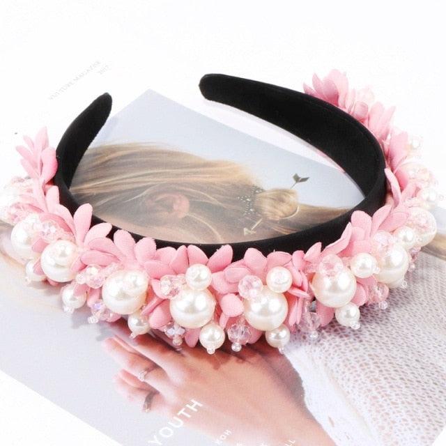 Flower Pearl Headbands Crystal Beads Embellishment Wide Hairbands Women Wedding Party Crown Tiara Gorgeous Hair Accessories For Women  DAME BOHEME
