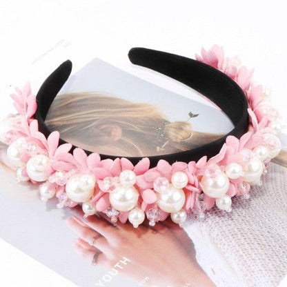 Flower Pearl Headbands Crystal Beads Embellishment Wide Hairbands Women Wedding Party Crown Tiara Gorgeous Hair Accessories For Women  DAME BOHEME