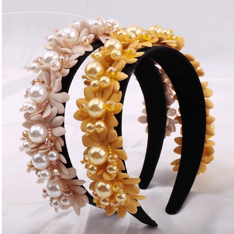 Flower Pearl Headbands Crystal Beads Embellishment Wide Hairbands Women Wedding Party Crown Tiara Gorgeous Hair Accessories For Women  DAME BOHEME