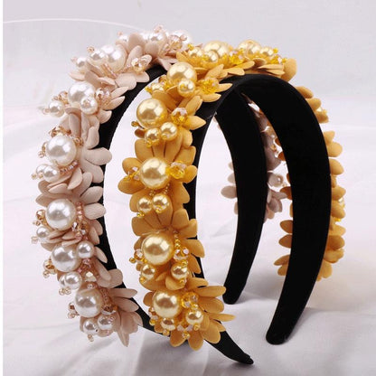 Flower Pearl Headbands Crystal Beads Embellishment Wide Hairbands Women Wedding Party Crown Tiara Gorgeous Hair Accessories For Women  DAME BOHEME