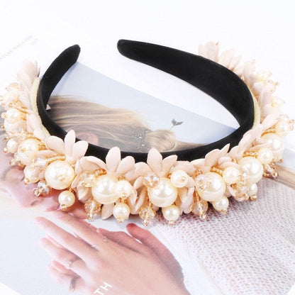Flower Pearl Headbands Crystal Beads Embellishment Wide Hairbands Women Wedding Party Crown Tiara Gorgeous Hair Accessories For Women  DAME BOHEME