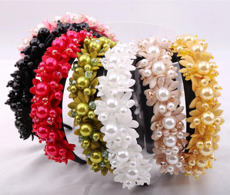 Flower Pearl Headbands Crystal Beads Embellishment Wide Hairbands Women Wedding Party Crown Tiara Gorgeous Hair Accessories For Women  DAME BOHEME