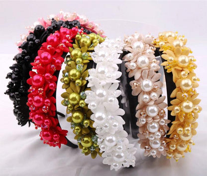 Flower Pearl Headbands Crystal Beads Embellishment Wide Hairbands Women Wedding Party Crown Tiara Gorgeous Hair Accessories For Women  DAME BOHEME