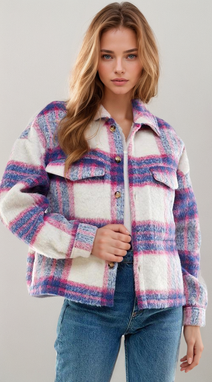 Soulful Serenity Denim Blue and Pink Brushed Plaid Shacket.  DAME BOHEME