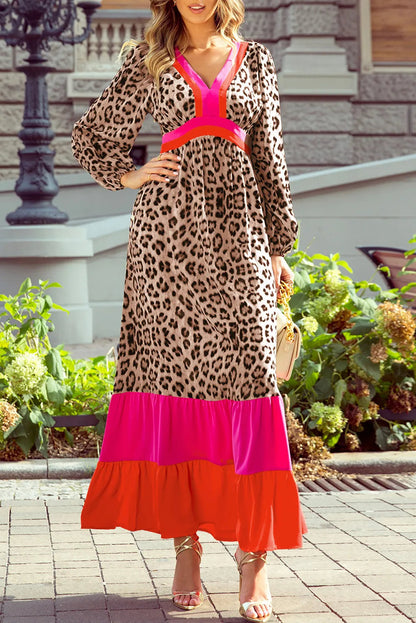 Leopard Red Colorblock V-Neck Long Sleeve Maxi Dress Trendsi