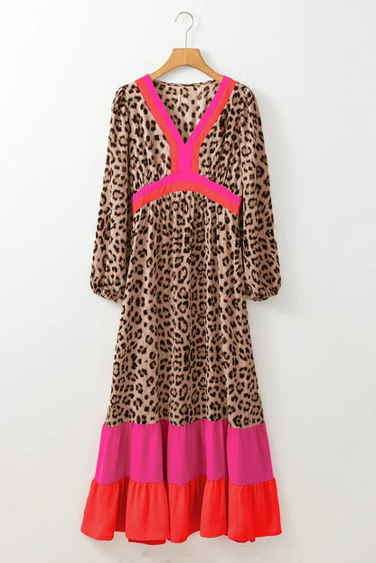 Leopard Red Colorblock V-Neck Long Sleeve Maxi Dress Trendsi